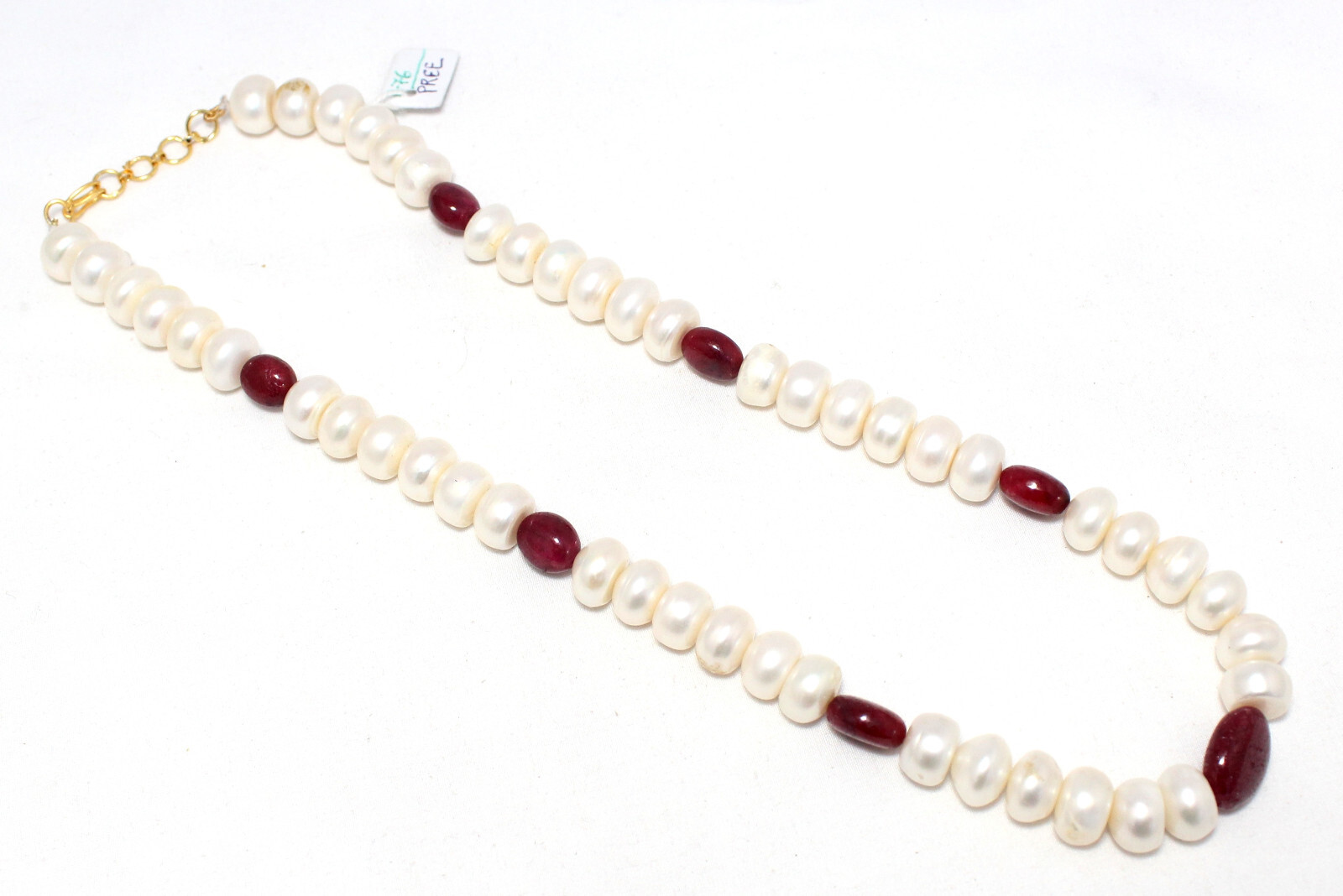 Designer Necklace Strand Ruby Manik Bead Gem Stone & Freshwater Pearl E977