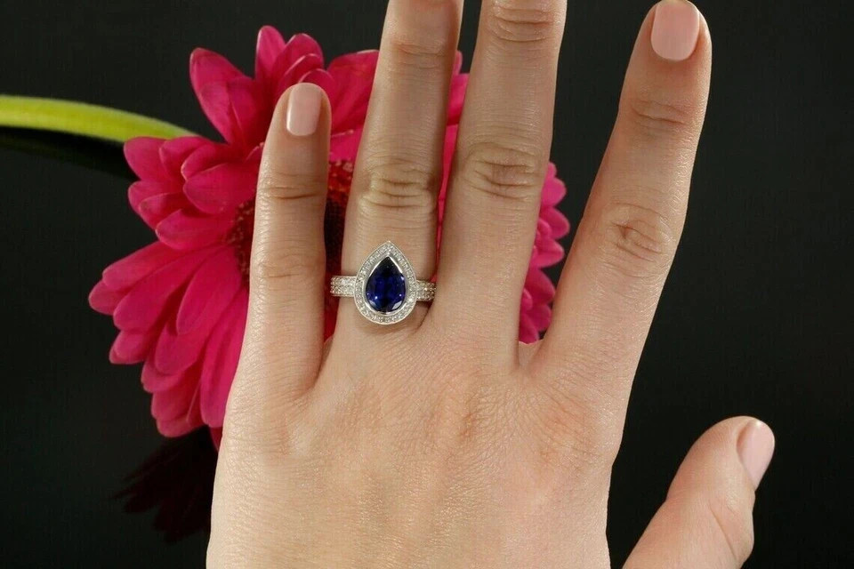 2Ct Pear Cut Lab-Created Sapphire Teardrop Engagement Ring 14K White Gold Plated