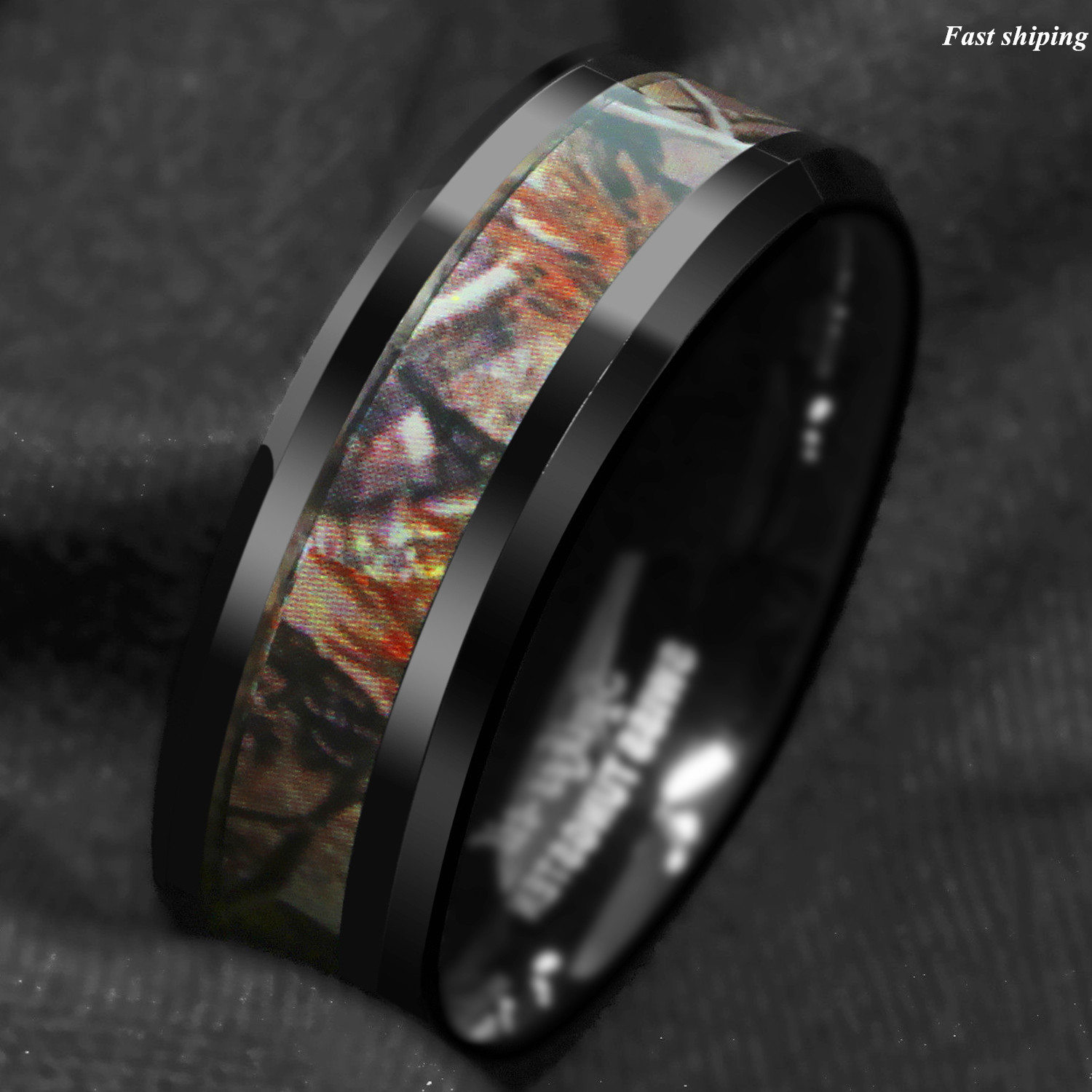 Black Tungsten Men’s Red Forest Camouflage Camo Hunting ATOP Band Ring Size 6-13