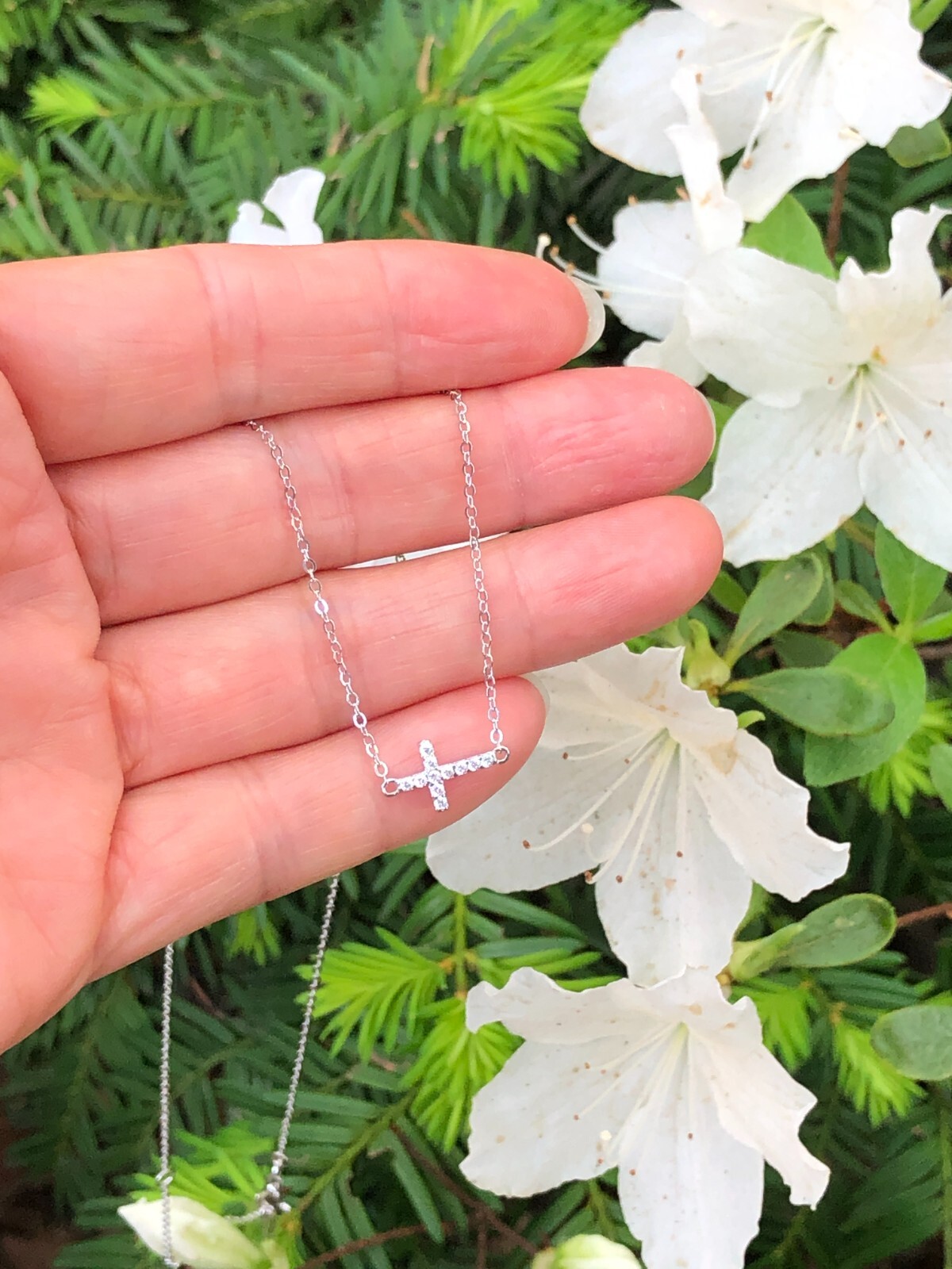 925 Sterling Silver CZ Sideways Cross Pendant Necklace Dainty 9.5mm 17.75″ Women