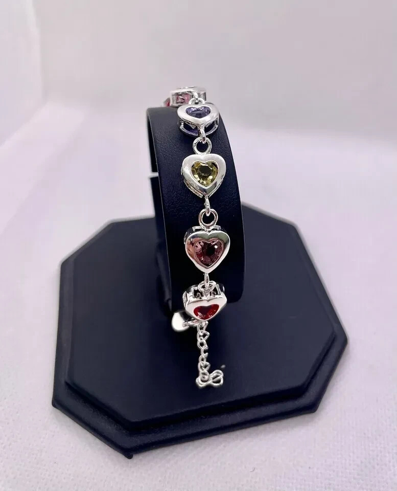 925 sterling silver multi – color stone heart bracelet 8” adjustable