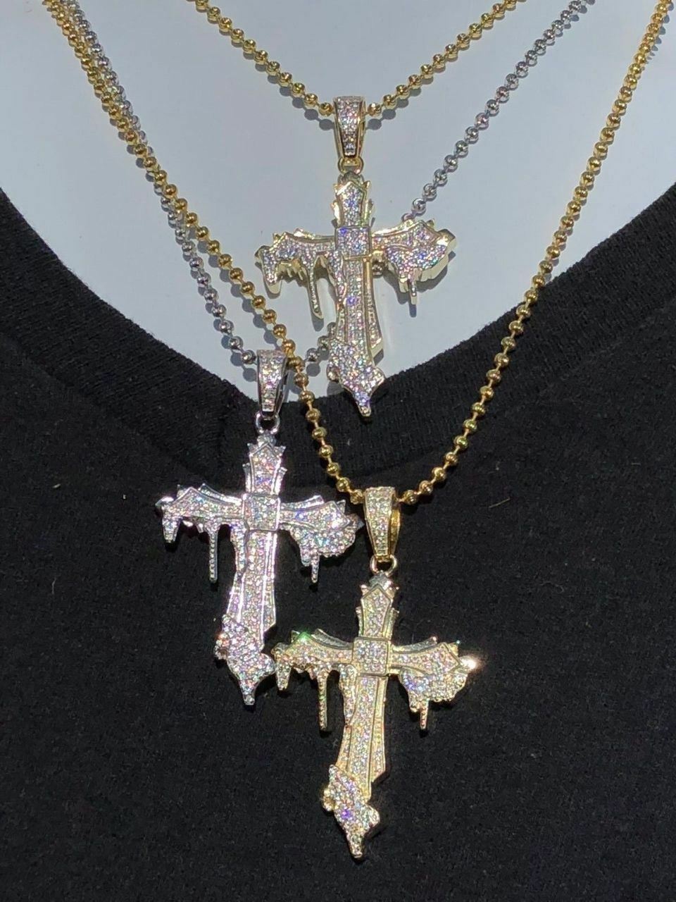 Solid 925 Sterling Silver Gold Plated Dripping Cross Mens Icy Pendant Flooded CZ