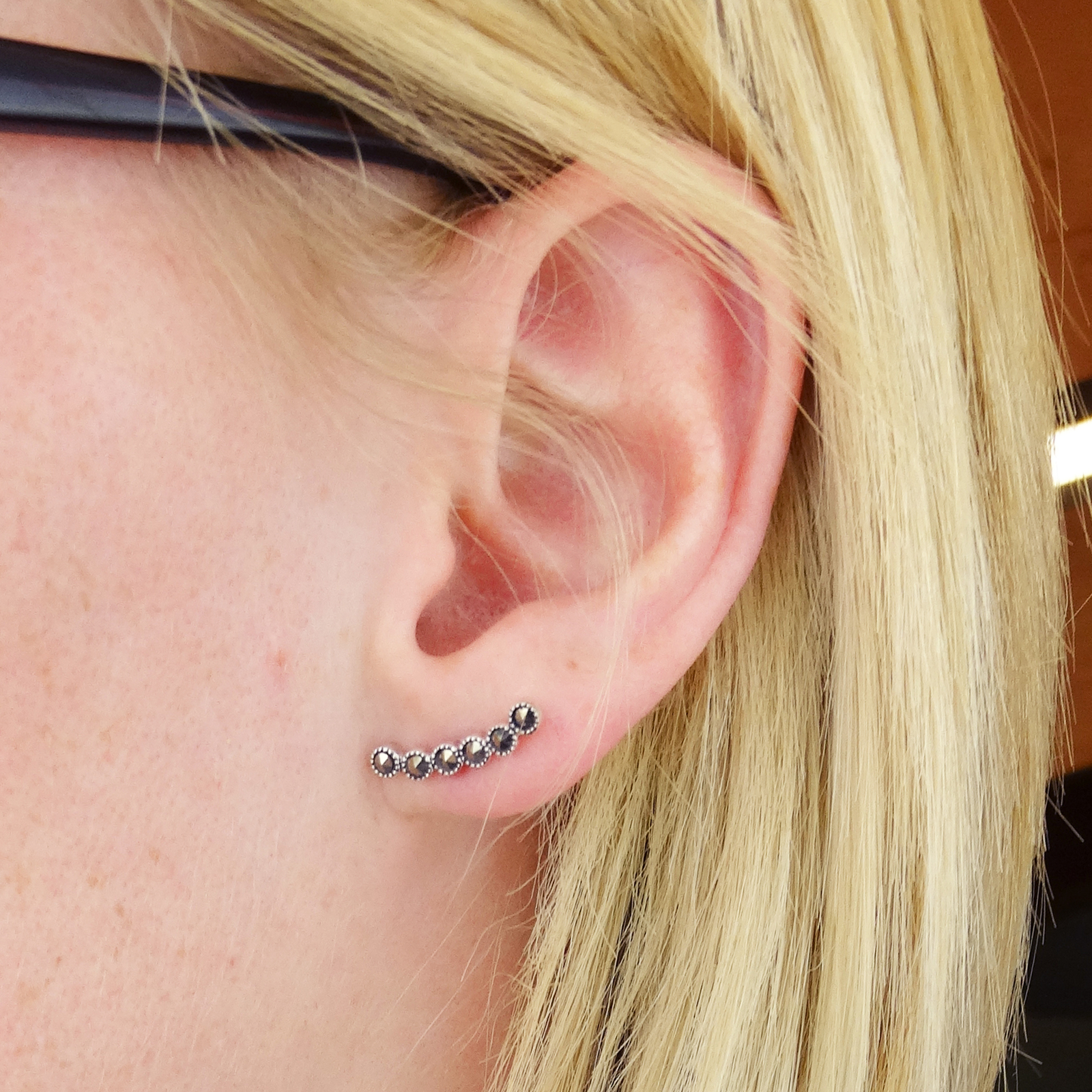 Marcasite Ear Climber Earrings – 925 Sterling Silver – Posts Curved Gift NEW