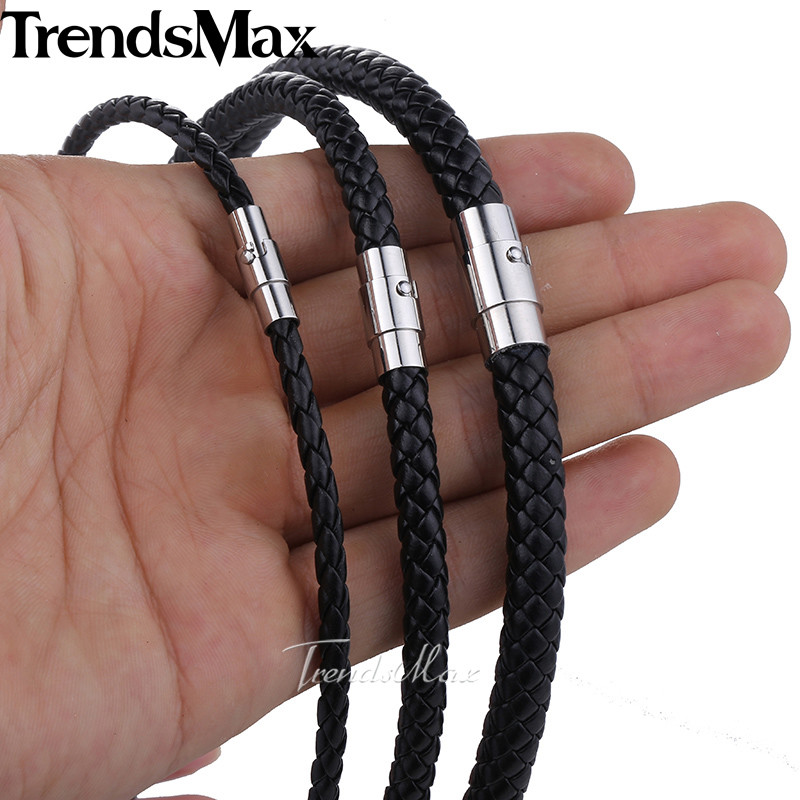 4/6/8mm Leather Black/Brown Braided Rope Cord Magnet Chain Necklace 16-24 inch