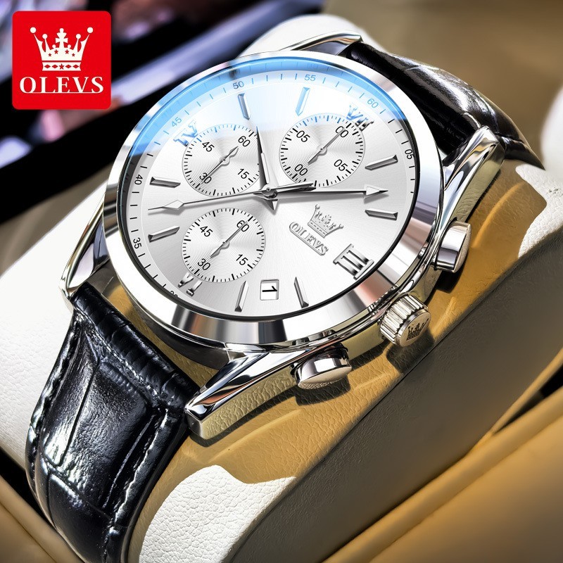 Men’s Casual Leather Watch Big Face Chronograph Watch Waterproof Luminous Date