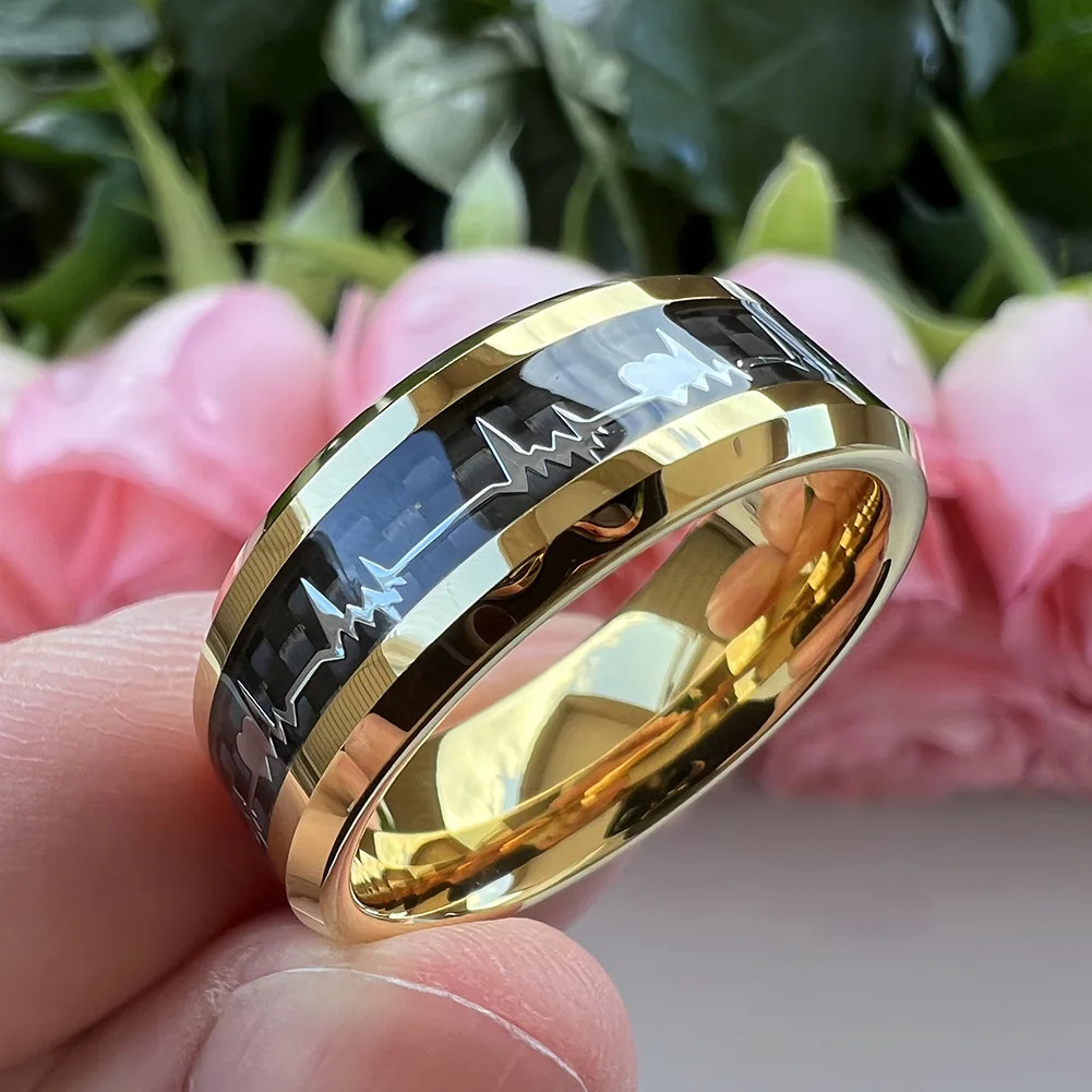 8mm Carbon Fiber Heart Inlay Tungsten Carbide Wedding Band Ring Men Jewelry