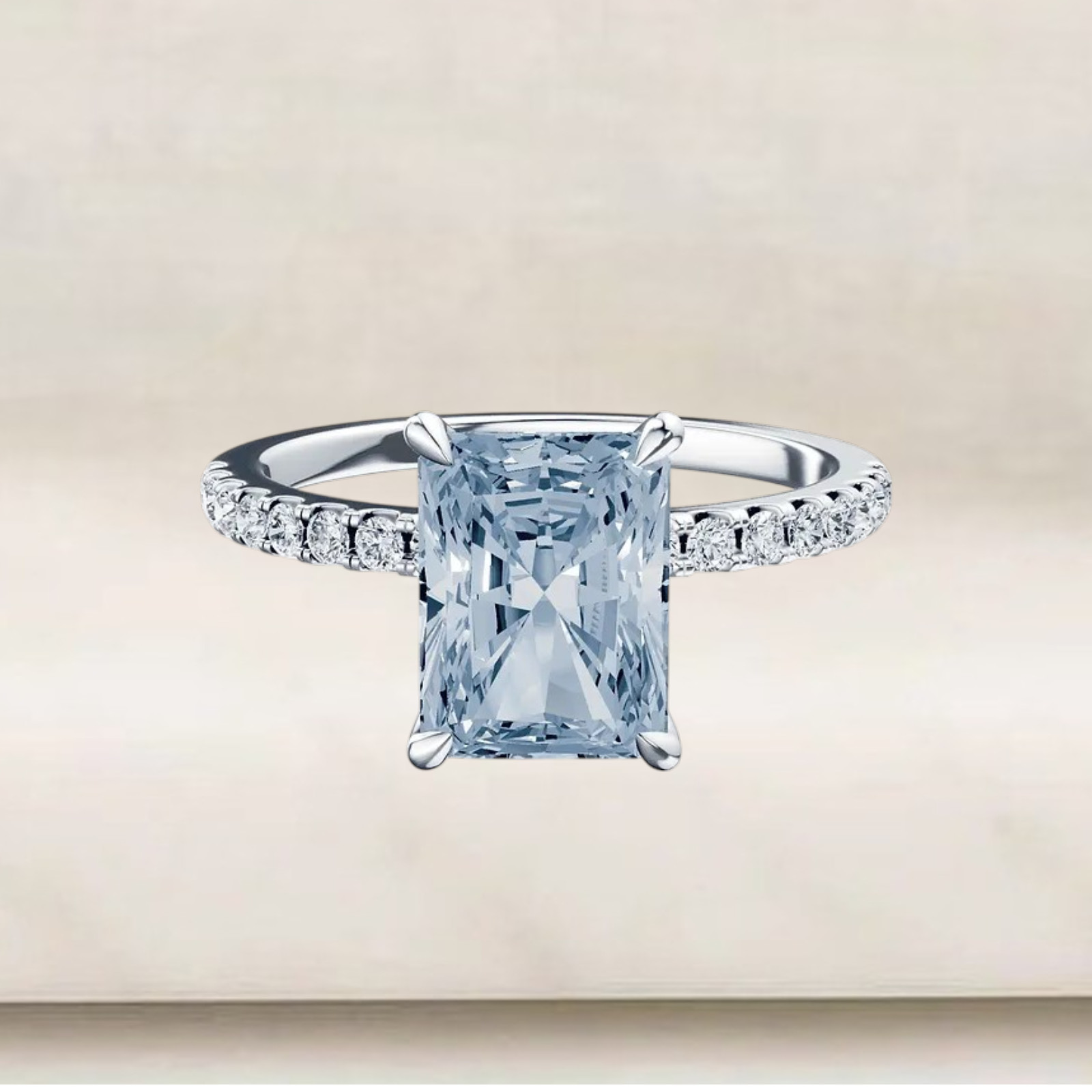 Radiant Cut 3.25 Ct Fancy Vivid Blue Diamond Ring 18k White Gold IGI Lab Created