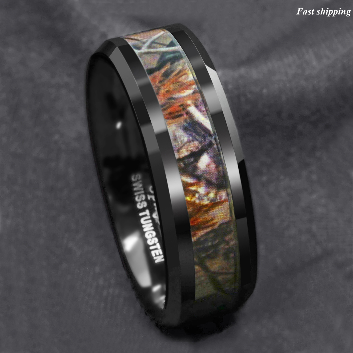 Black Tungsten Men’s Red Forest Camouflage Camo Hunting ATOP Band Ring Size 6-13