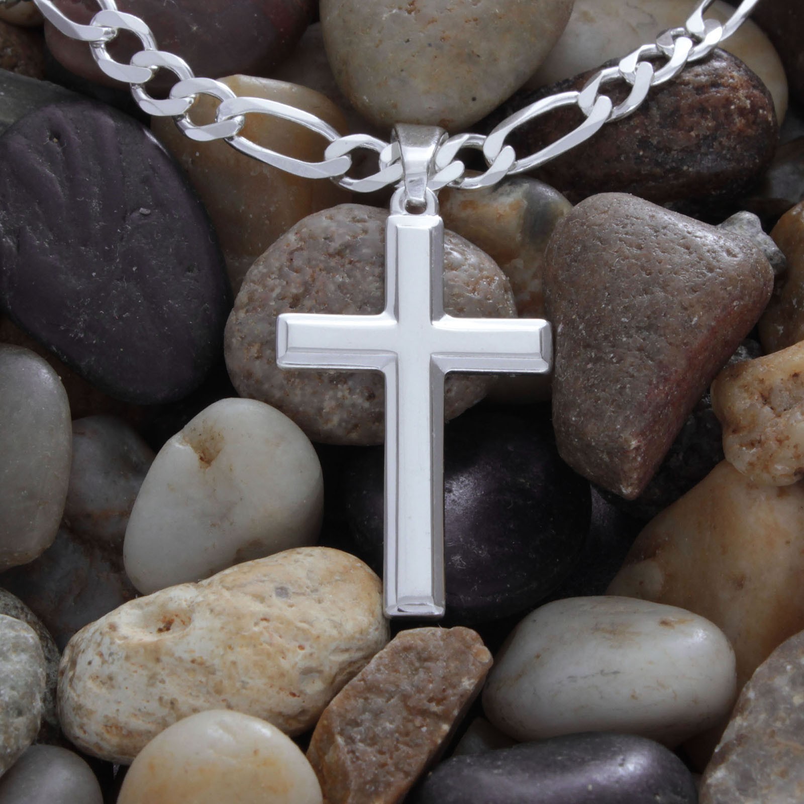 Mens Solid Sterling Silver Traditional Cross Necklace Italian Figaro Chain Gift
