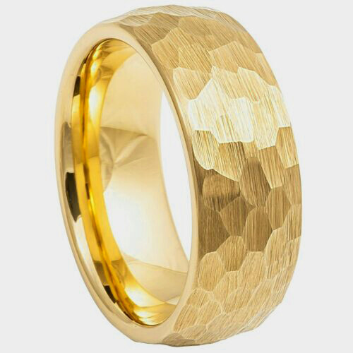 Men or Woman Yellow Gold Tungsten Carbide Hammered Brush Dome Wedding Band Ring