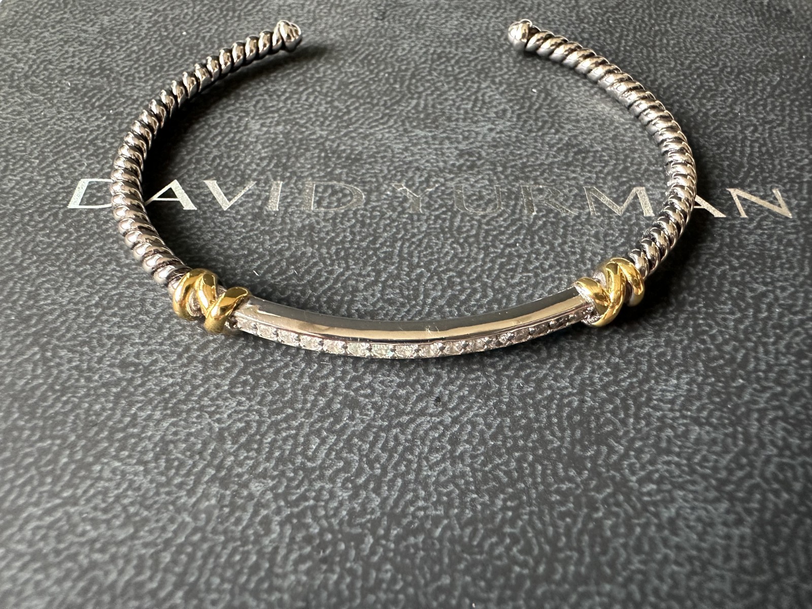 David Yurman Classic Cable Two Tone 925 Silver 18K Gold Diamond Cuff Bangle 21cm