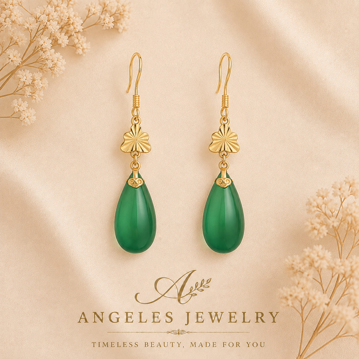 Jade Drop Dangle Earrings Flower Gemstone Boho Minimalist Hook 18K Gold Plated