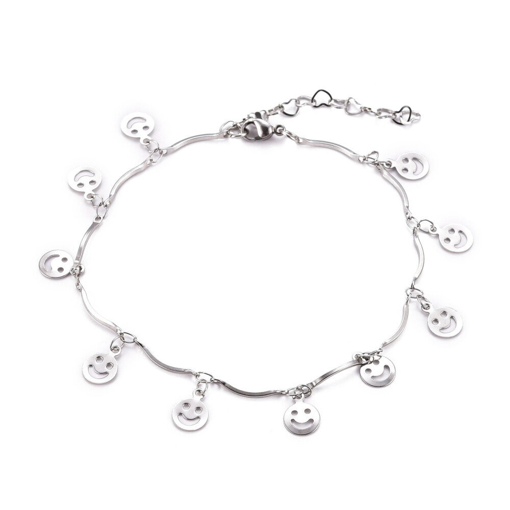 Stainless Steel Scalloped Bar Bracelet Smile Face Charms Lobster Silver 8″ Z154