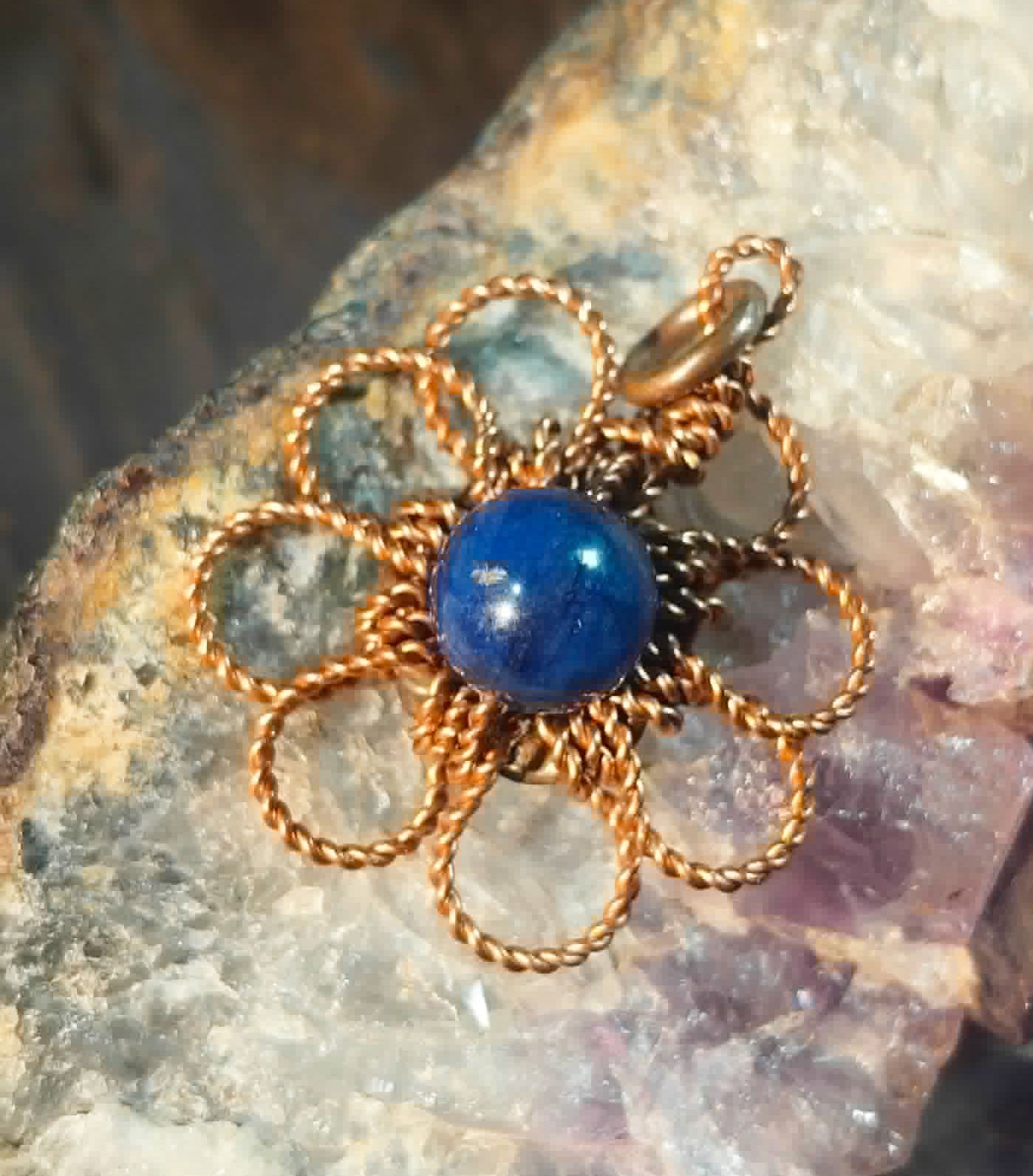 Flower Pendant Copper Daisy Wire Wrapped Mandala Kyanite Lucky Jewelry #PM6