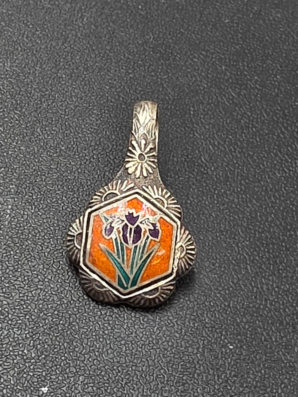 Vintage Sterling Silver Enamel Iris Floral Pendant Marked Art Nouveau Style