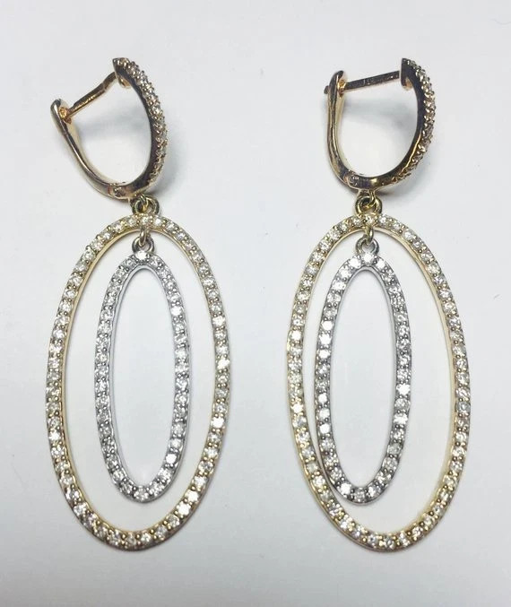 2CT Real VVS Moissanite Oval Shape Dangle Drop Earrings 14K Two-Tone Gold Plated