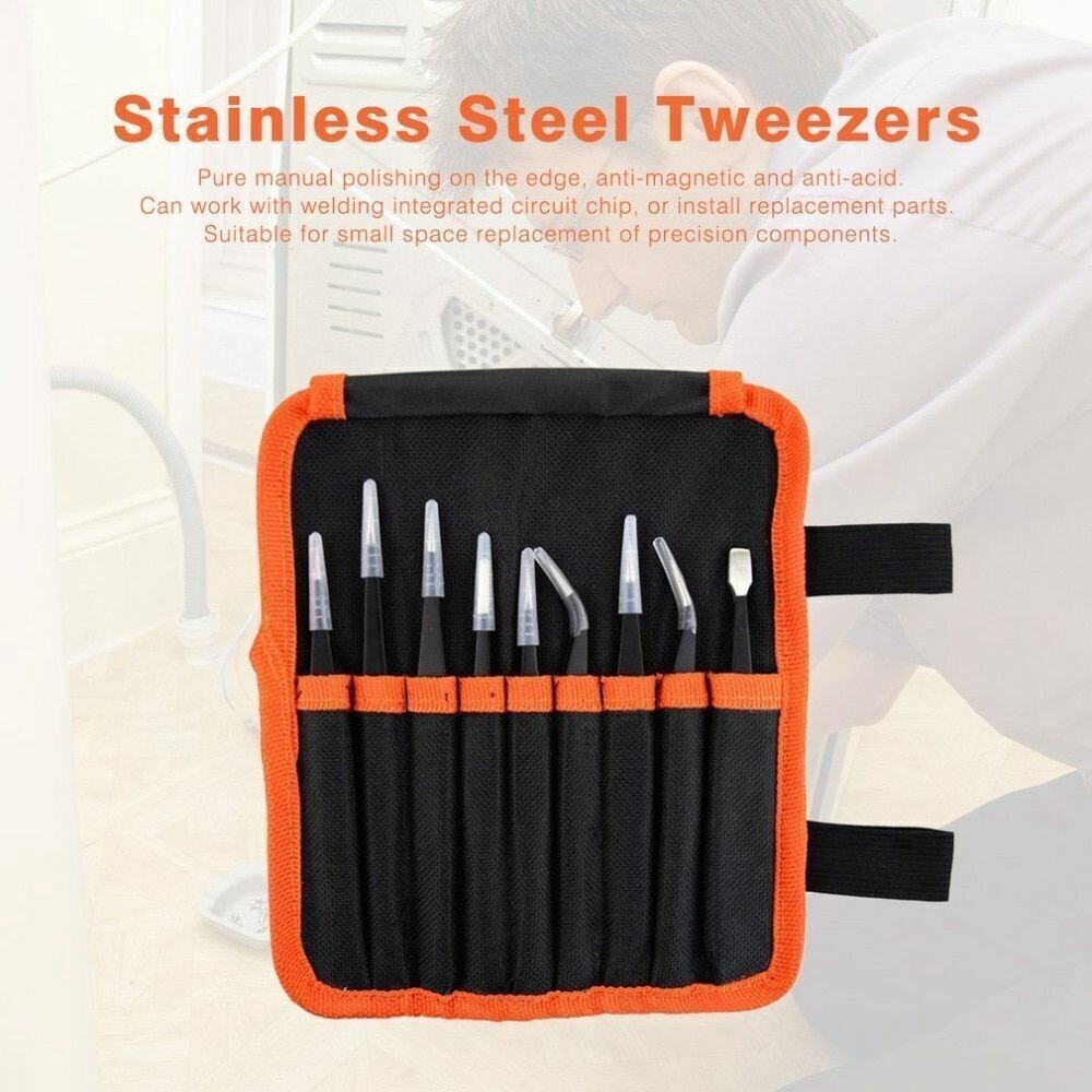 10 Pcs Precision ESD Anti-Static Repair Stainless Steel Tweezers Set Kit Tools