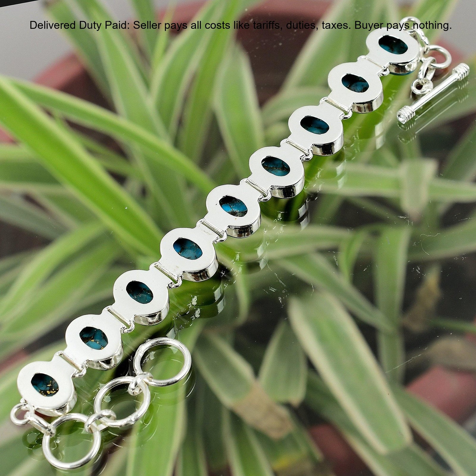 Natural Copper Blue Turquoise Unique Chain Bracelet Jewelry 925 Sterling Silver