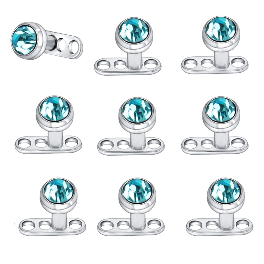 10x 16G 1.2 mm Micro Dermal Anchor Base & 3mm Aqua Flat Top Surgical Steel Combo