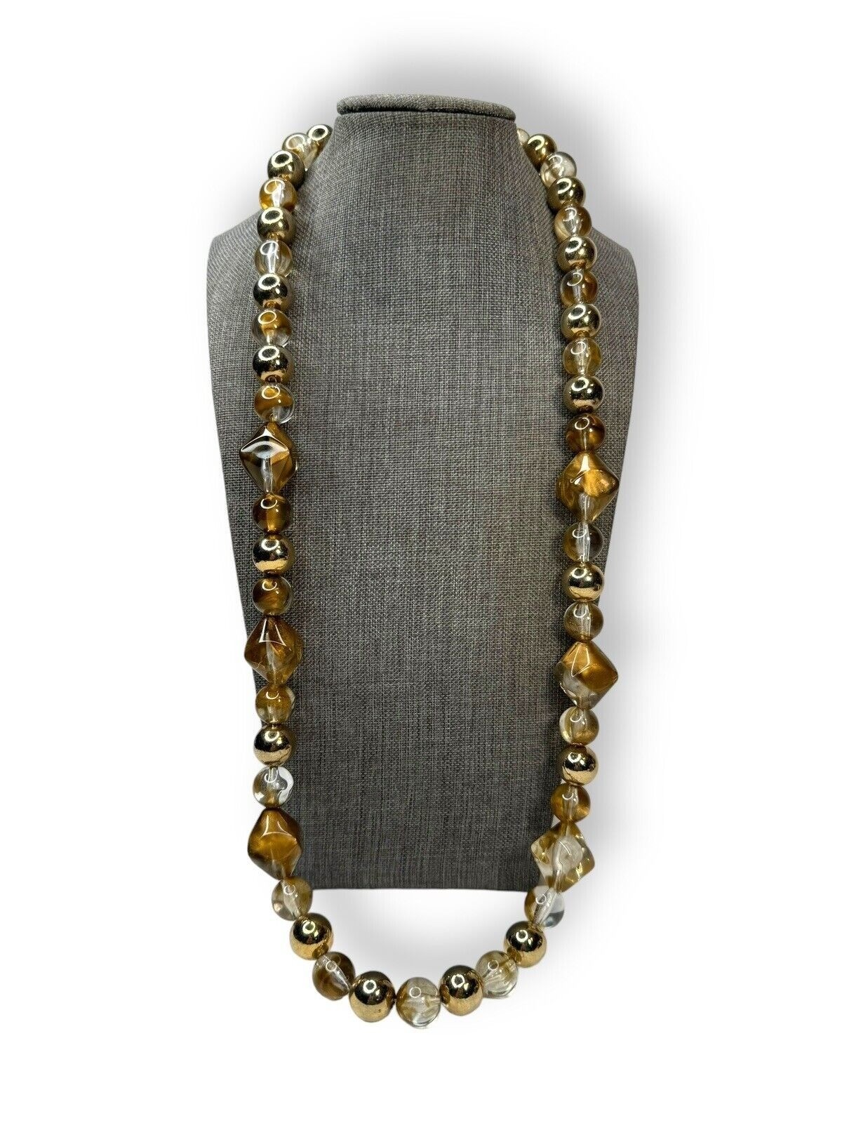 Vintage Arthur David Marbled Gold Acrylic Lucite Bead Necklace 30″ UV Reactive