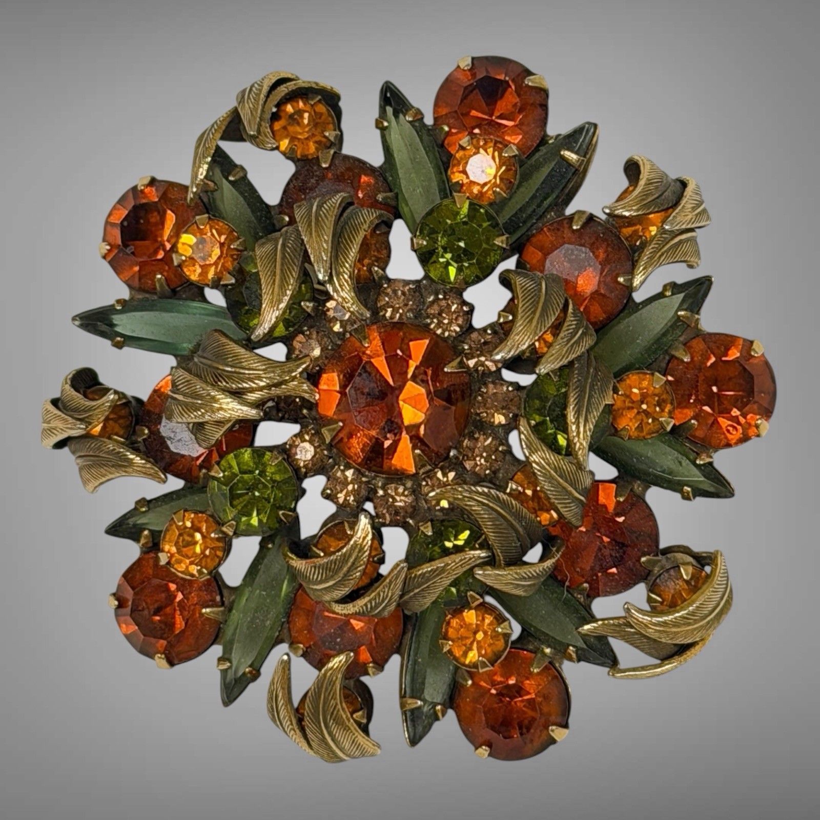 DeLizza & Elster Juliana Venus Flame Green Orange Rhinestone Brooch Pendant