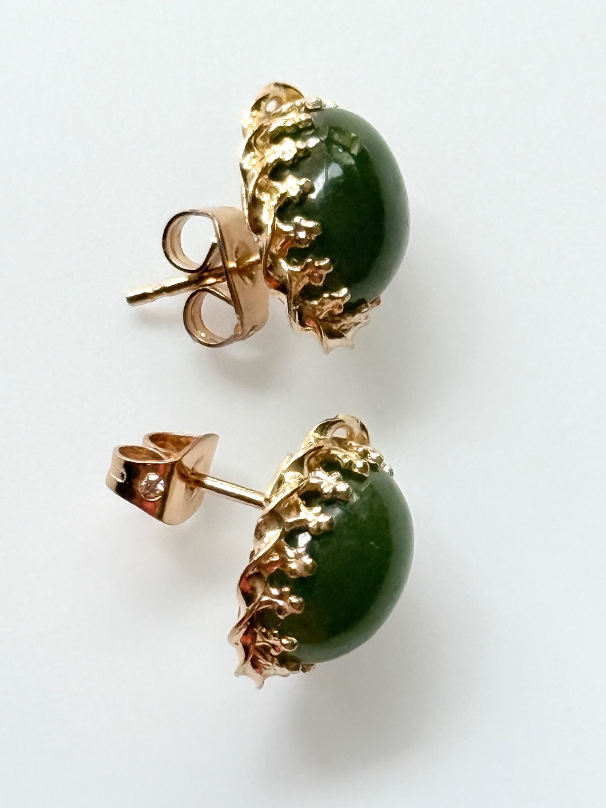 Vtg Stud Green Cabochons Earrings set in 14K Gold Intricate Twisted Prong Set…