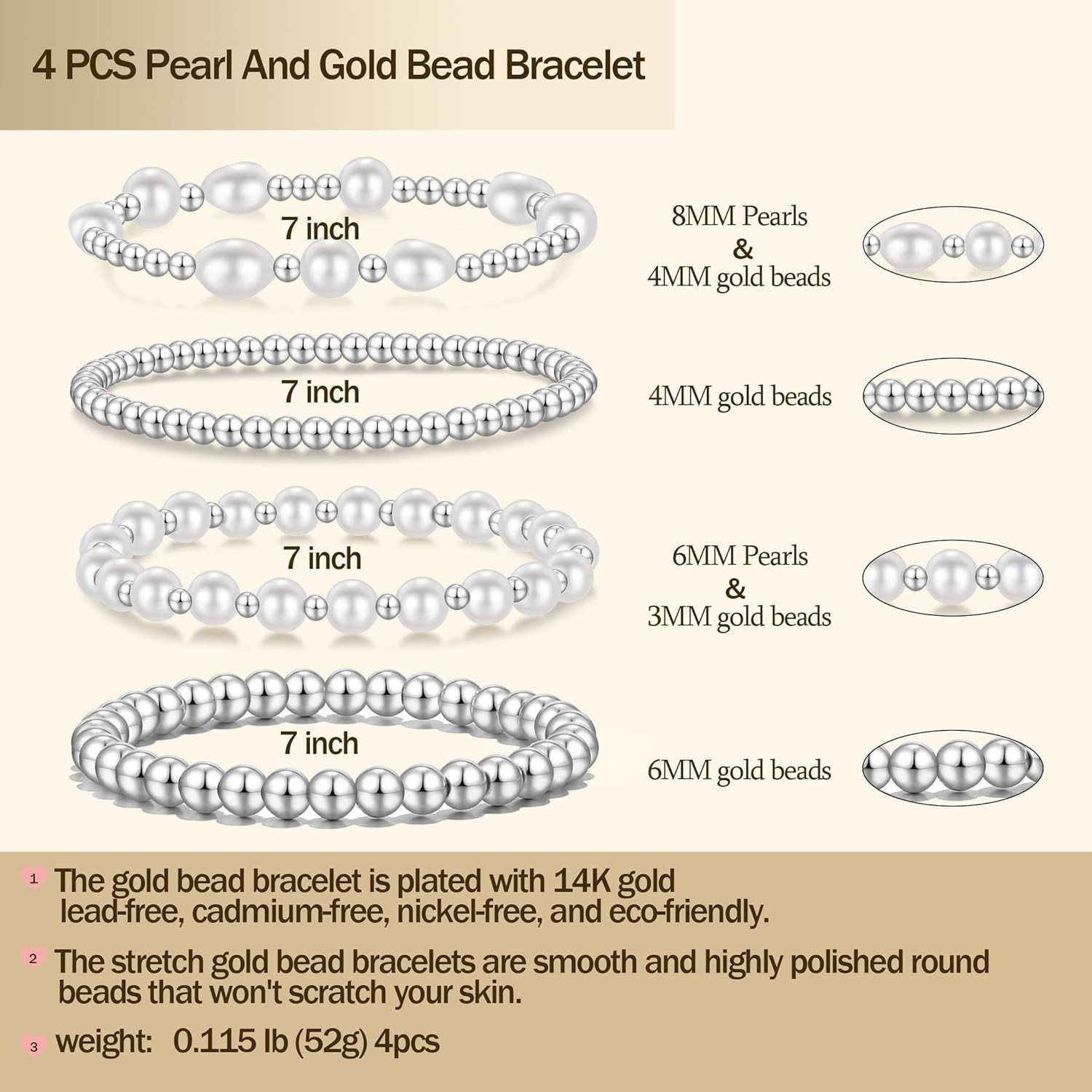 Versatile 14k Gold Beaded Bracelet Set – Elegant 7-Inch Layered Bangle Design