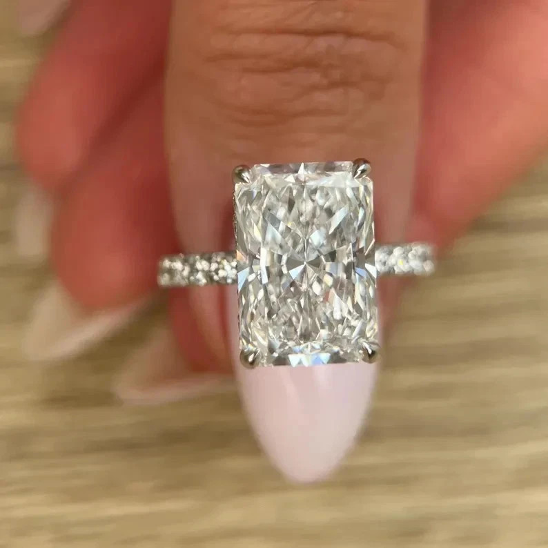 Diamond Ring Radiant Cut Lab Grown 4.4 Ct IGI Certified 14k White Gold VVS EF
