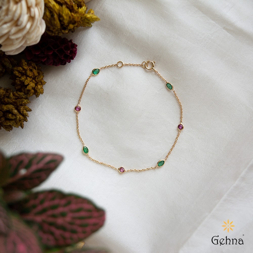 Natural Pink Sapphire Emerald Bracelet 14K Yellow Gold