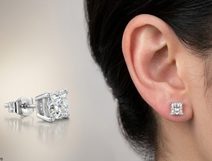 4Ct Princess Cut White Diamond Solitaire Studs-Great Shine! Ideal Gift
