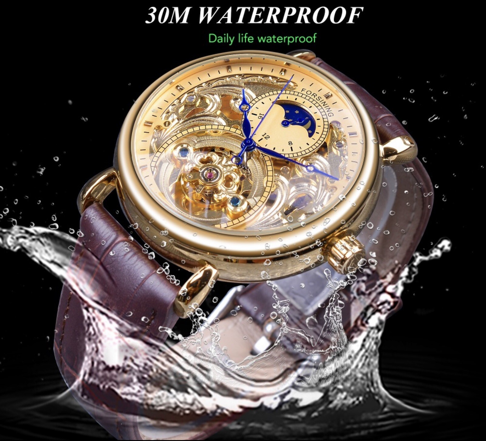 ⌚￼ Forsining Men’s Automatic Self Winding Moon Dial Self Winding Business Watch