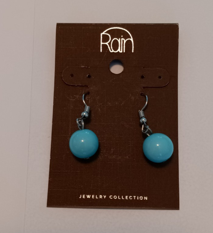 Rain Blue Ball Dangle/Drop Hook Earrings for Lobe, Metal, Round Shape, No Stone