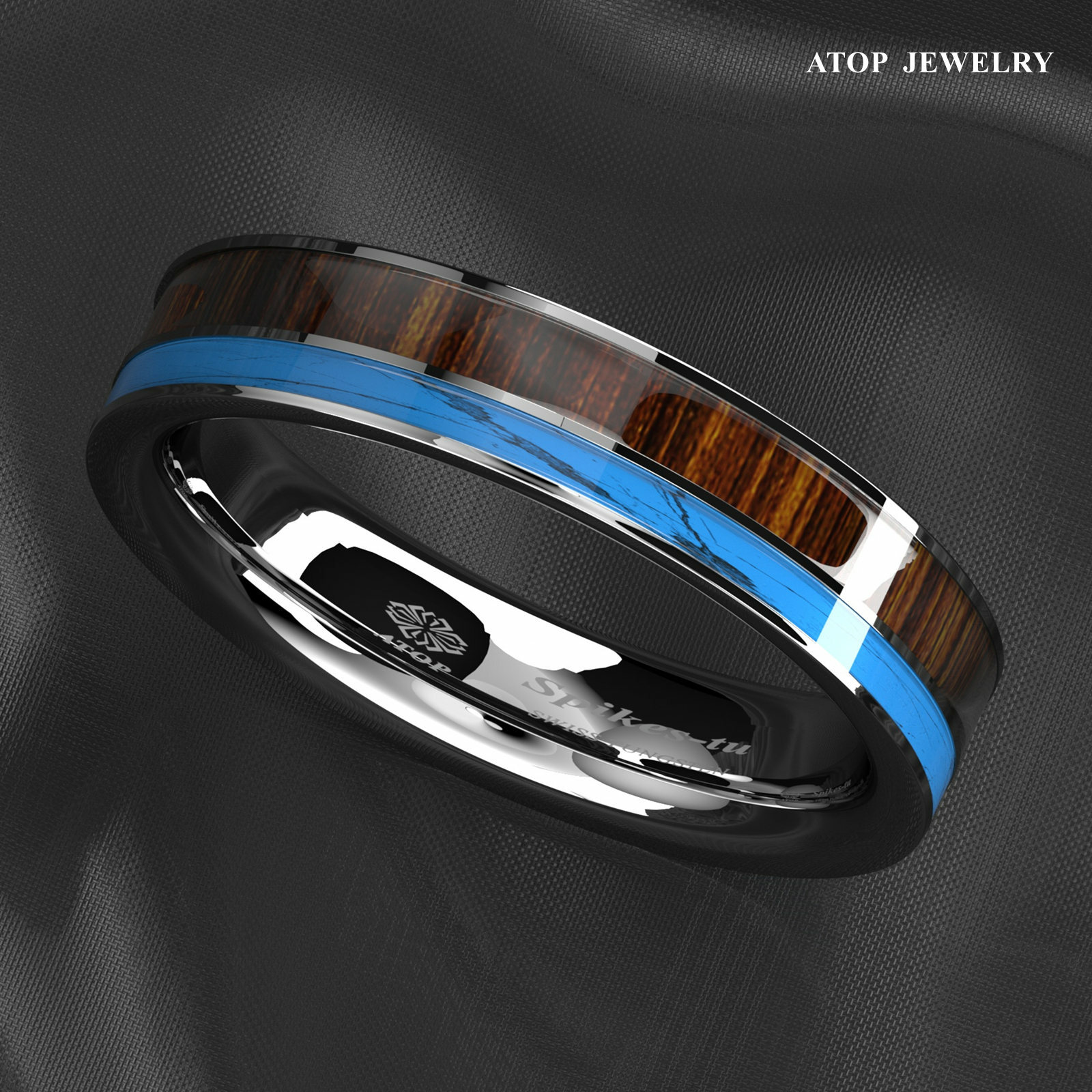 8mm Tungsten Men’s Ring Silver Turquoise & Koa Wood Wedding Band ATOP Jewelry