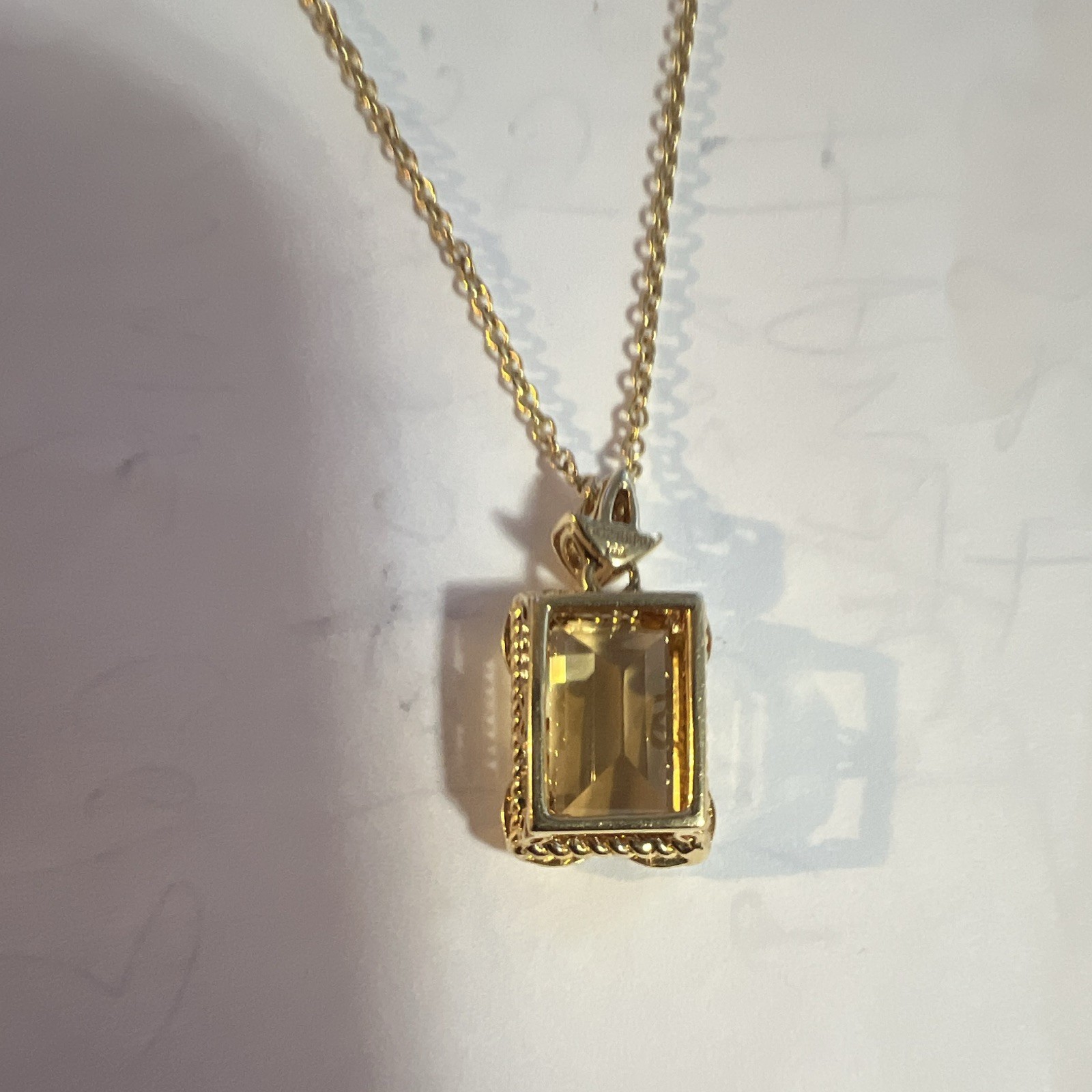 Gold Tone Metal Cable Chain Necklace Yellow Emerald-Cut Crystal Charm Pendant