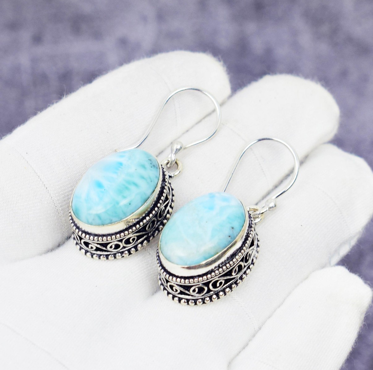 Handmade Oval Caribbean Larimar Earring 925 Sterling Silver Antique Jewelry