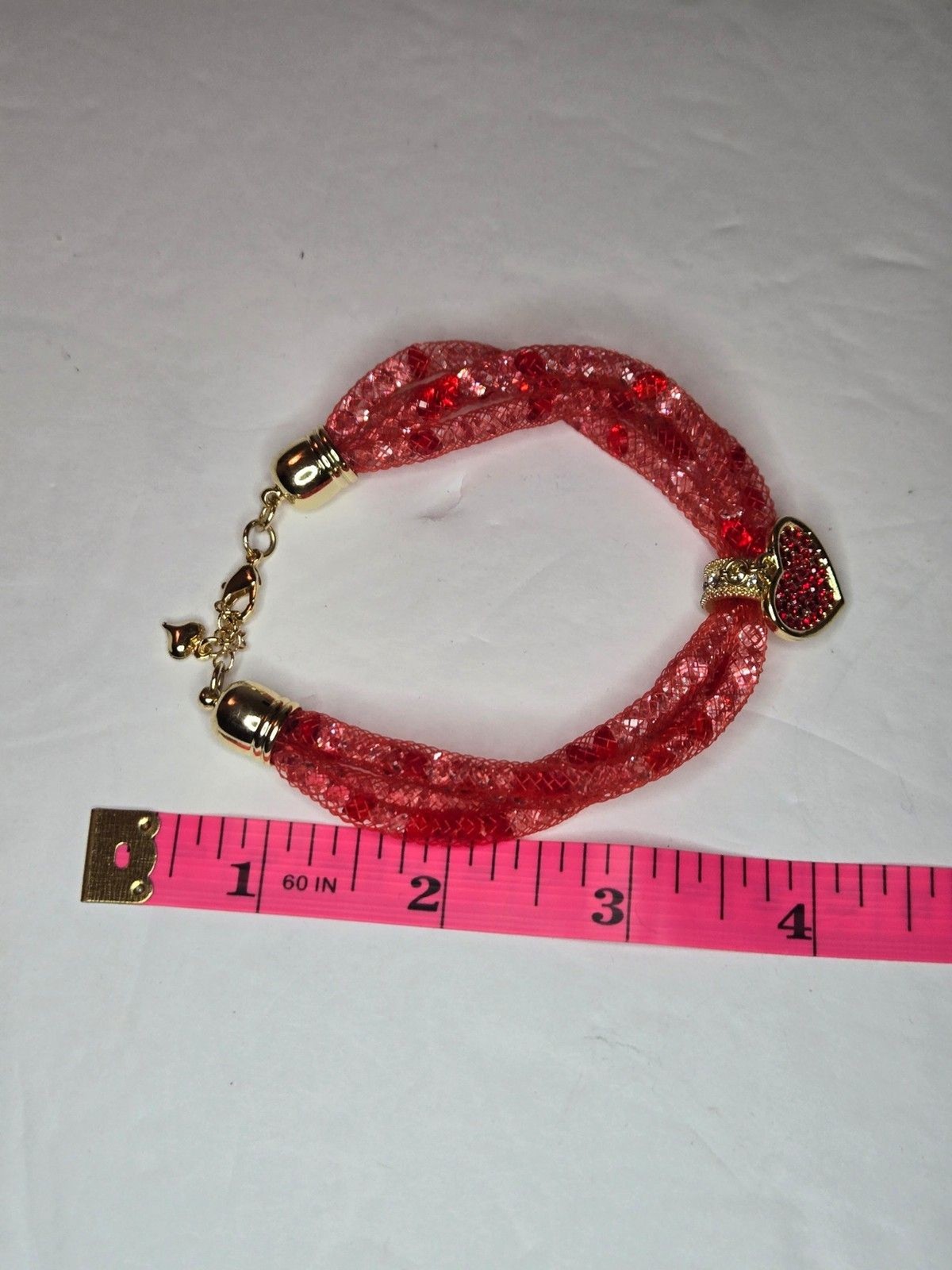 Red Mesh Bracelet with Red Rhinestone Heart Charm Gold Tone Clasp