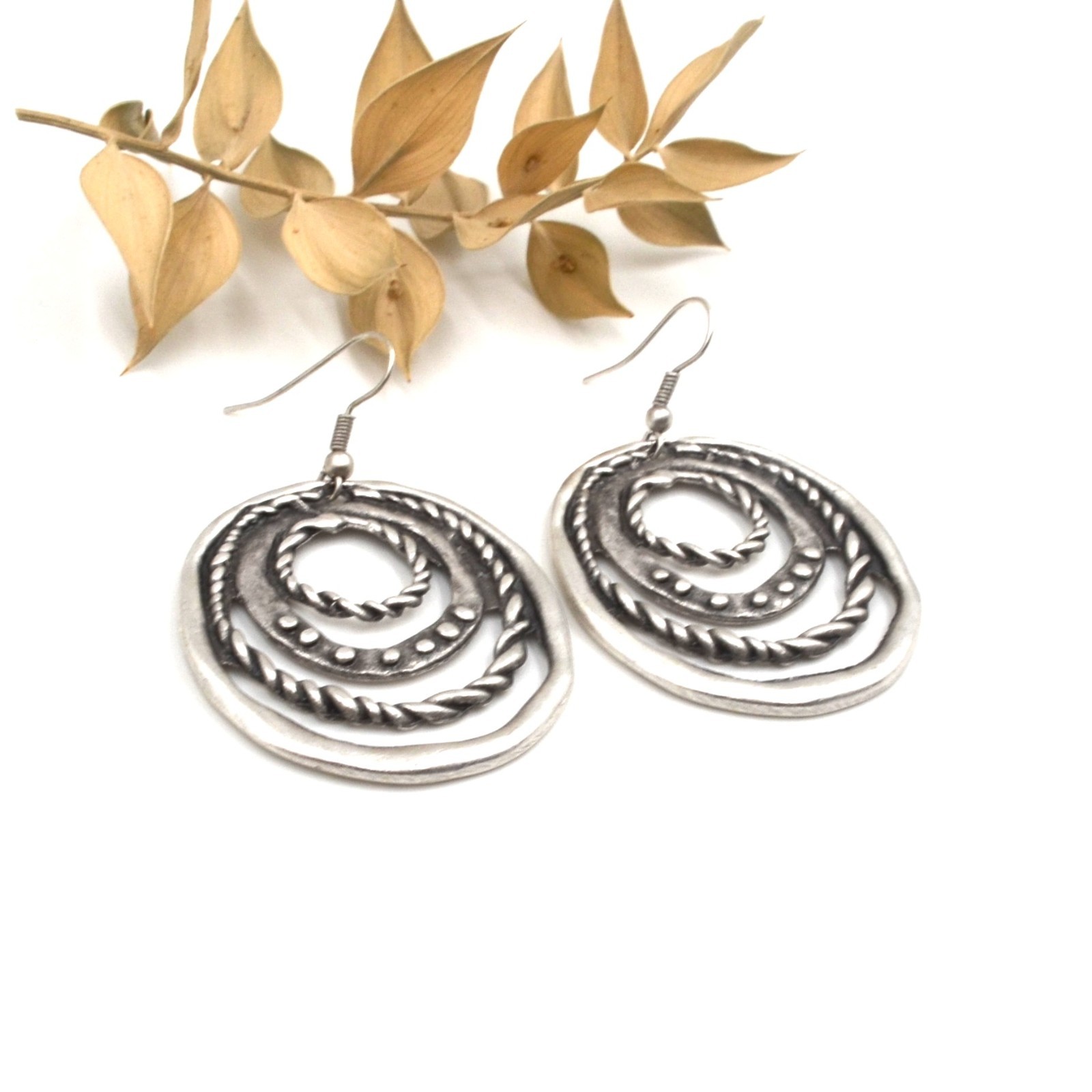 Ancient Silver Labyrinth Hoop Dangle Earrings Boho Tribal Concentric Circles