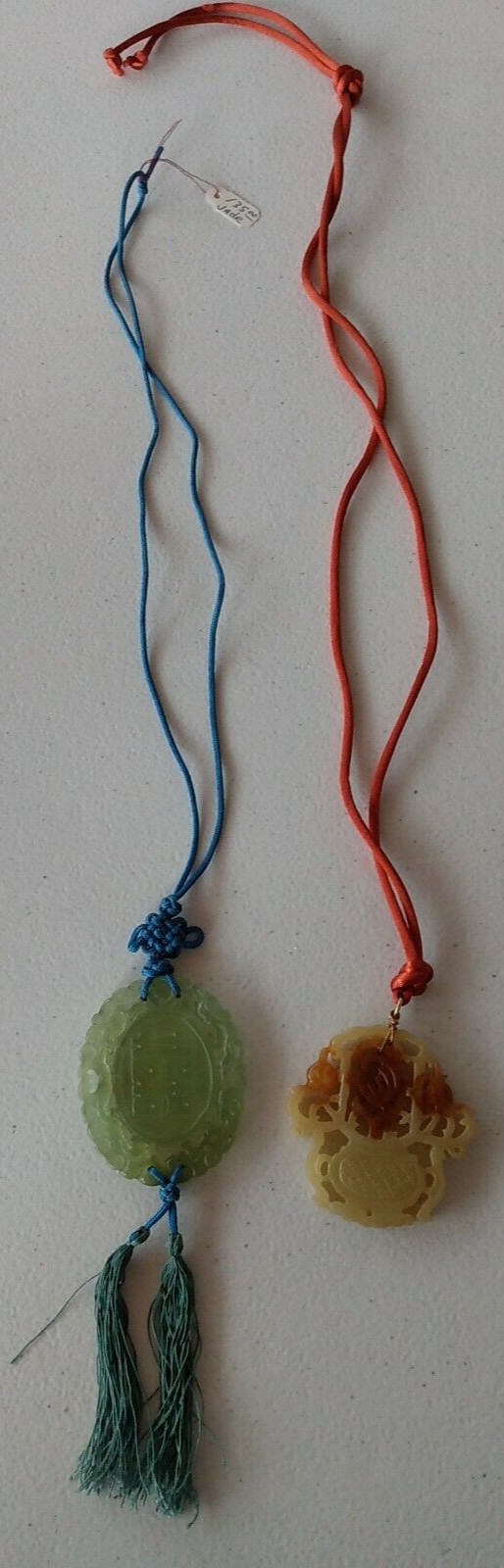 2 Estate Carved Green & Orange/Tan Fine Jade Floral Large Pendant Cord Necklaces