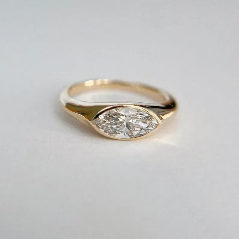 3Ct Marquise Moissanite East West Bezel Engagement Ring 14K Yellow Gold Plated