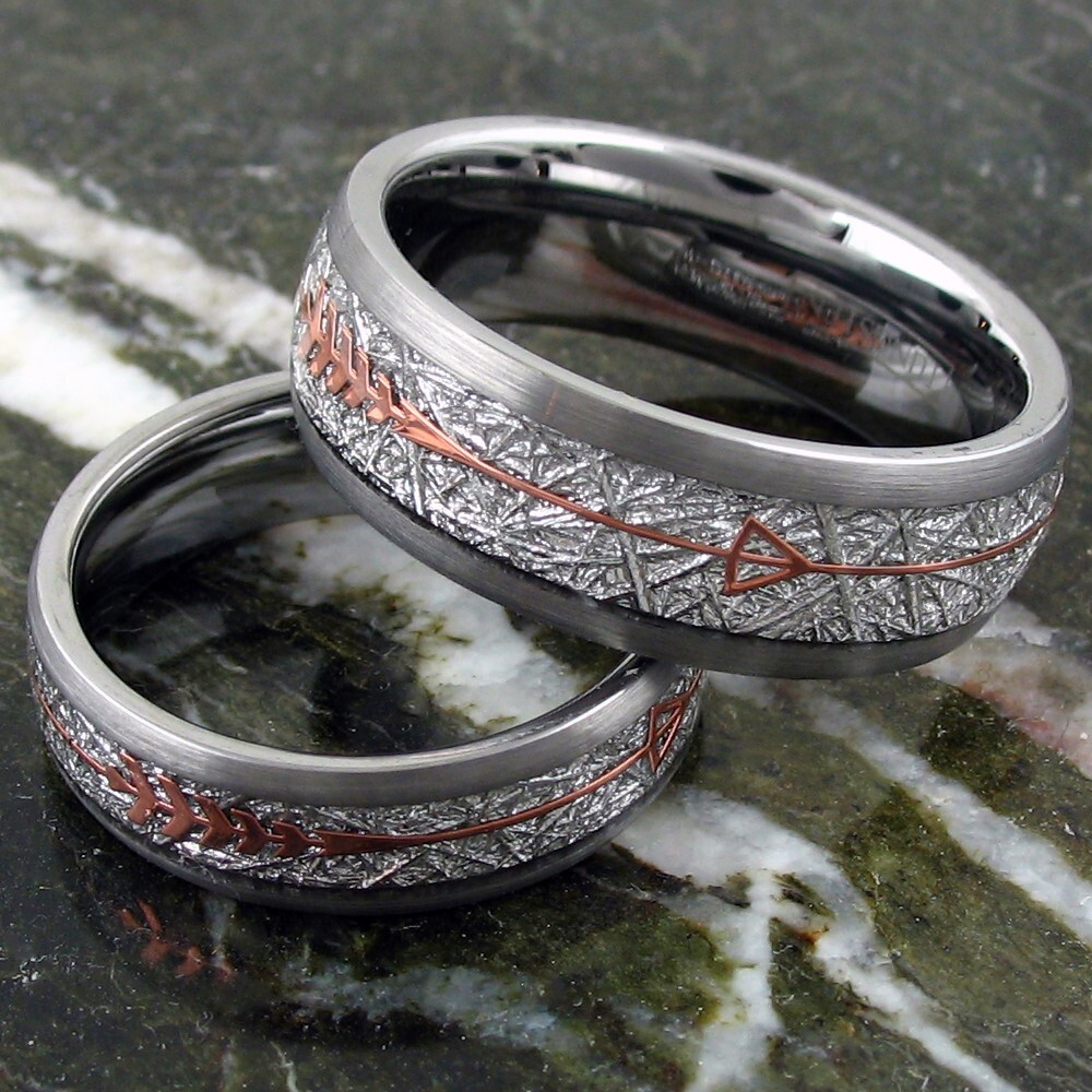 6/8mm Tungsten Meteorite & Rose Gold Plated Arrow Band Ring-Engraving Avail.