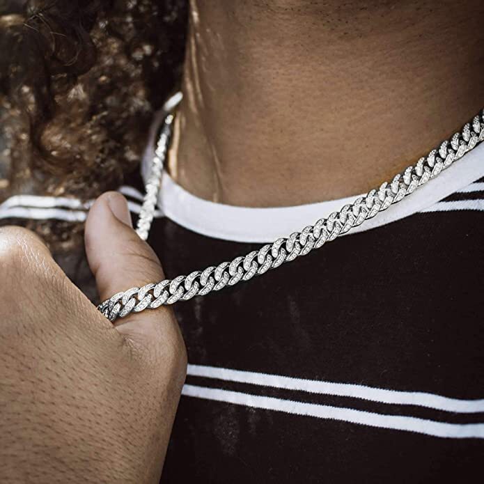 Men’s White Gold Plated Stainless Steel CZ Miami Cuban Link Chain Necklace 8mm