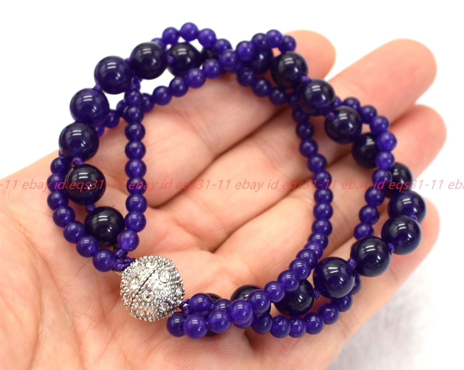Pretty Natural 3 Rows 4+8mm Purple Jade Gemstone Round Beads Bracelet 7-9in