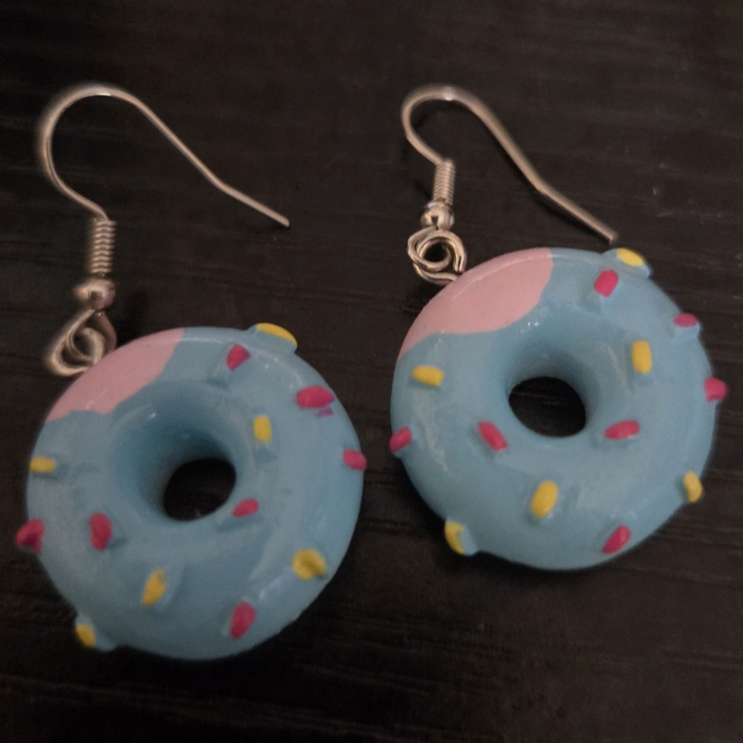 Blue Pink Donut Shape Dangle/Drop Hook Earrings, Polymer Clay, No Stone