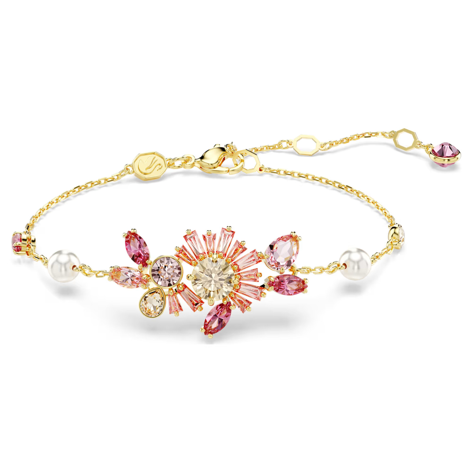 Gema Pink Gold Tone Plated Bracelet Mixed Cuts Flower Crystal Pearl New