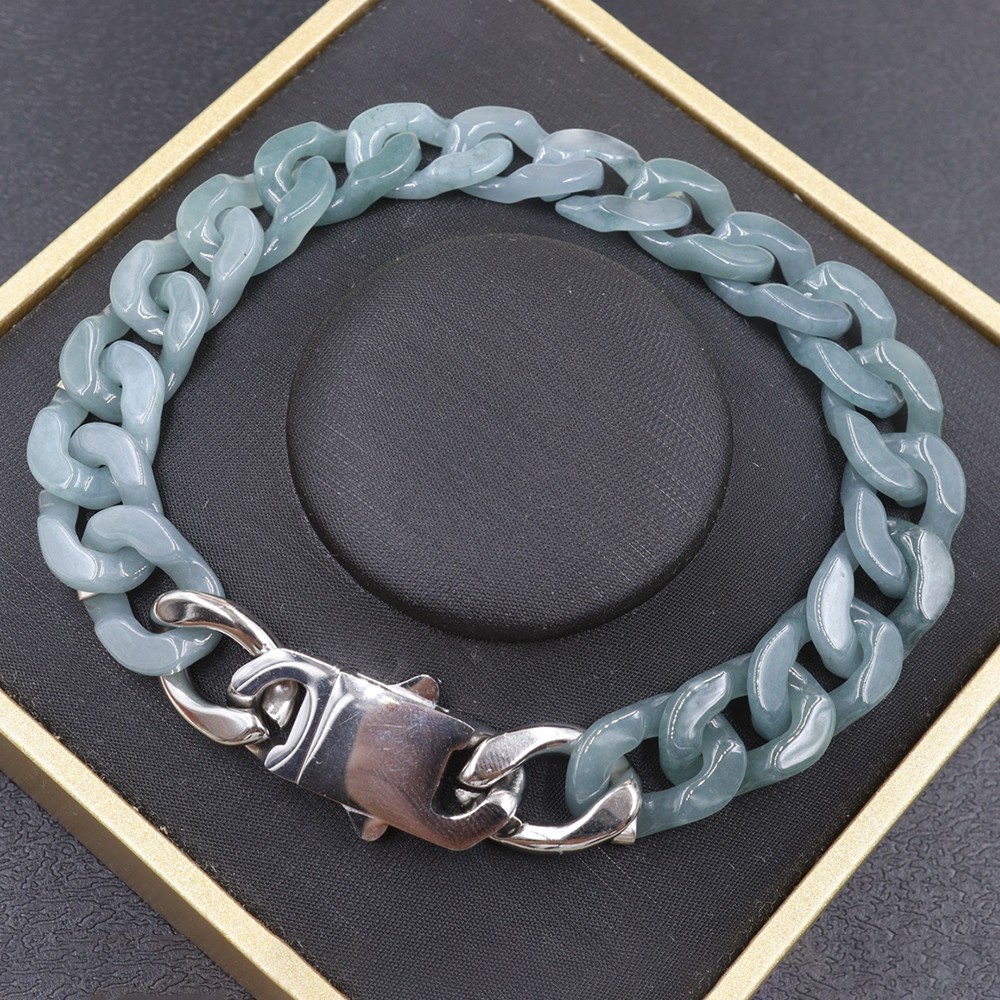 Real Grade A Natural Blue Jade Jadeite Cuban Curb Link Bracelet 5.9-8.3inch