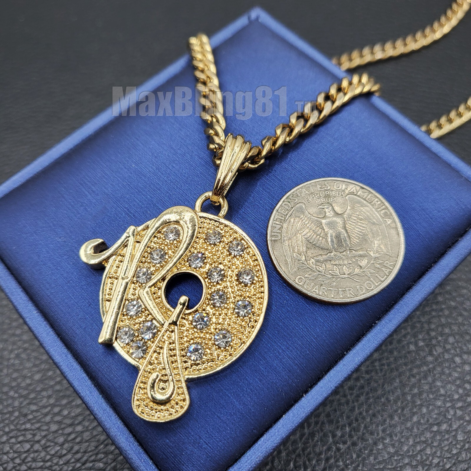 Iced Gold Plated ROCAFELLA Cubic Zirconia Pendant 18″ ~ 24″ Cuban Chain Necklace