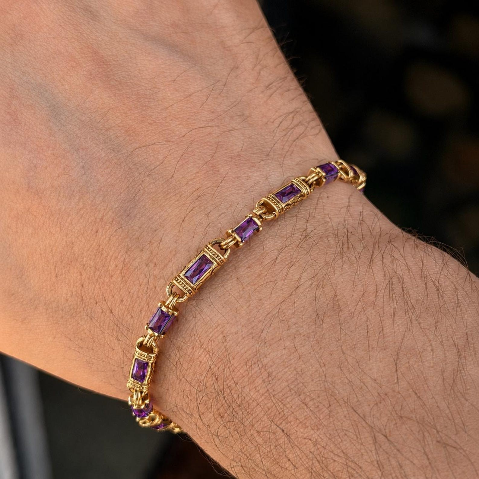 Gold Amethyst Hand-Engraved Link Gemstone Byzantine Chain Bracelet