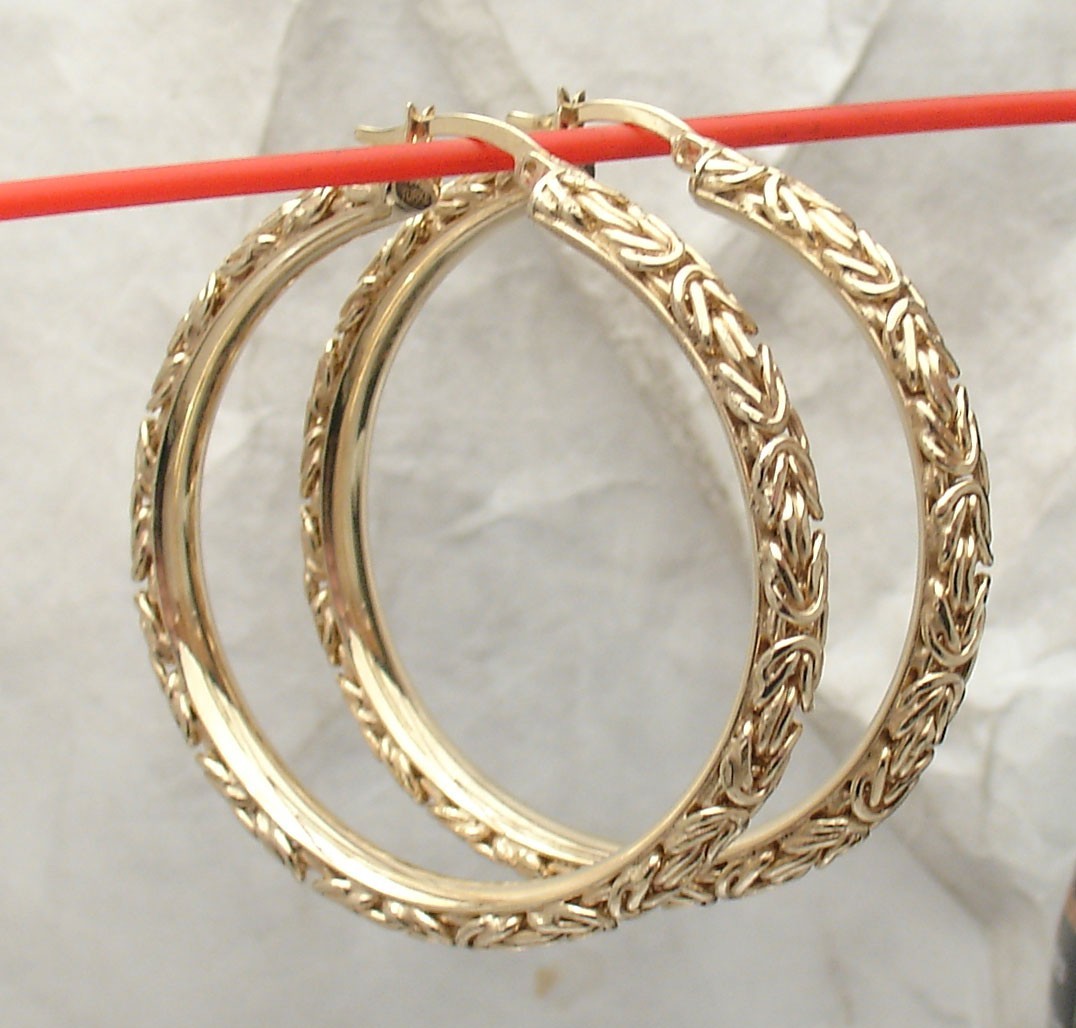 Technibond Framed Byzantine Chain Hoop Earrings 14K Yellow Gold Plated Silver
