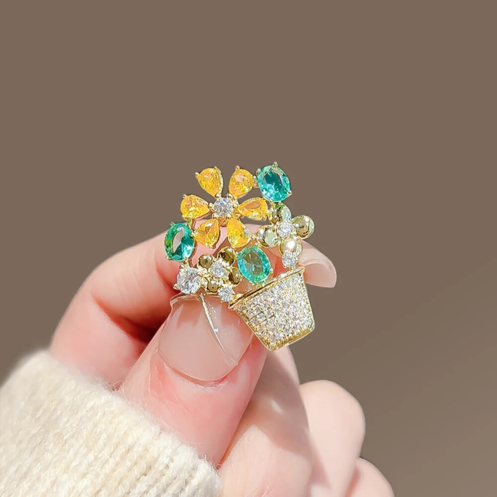 Easter Spring Flower Basket Brooch Sparkling Rhinestone Crystal Pin Jewelry Gift