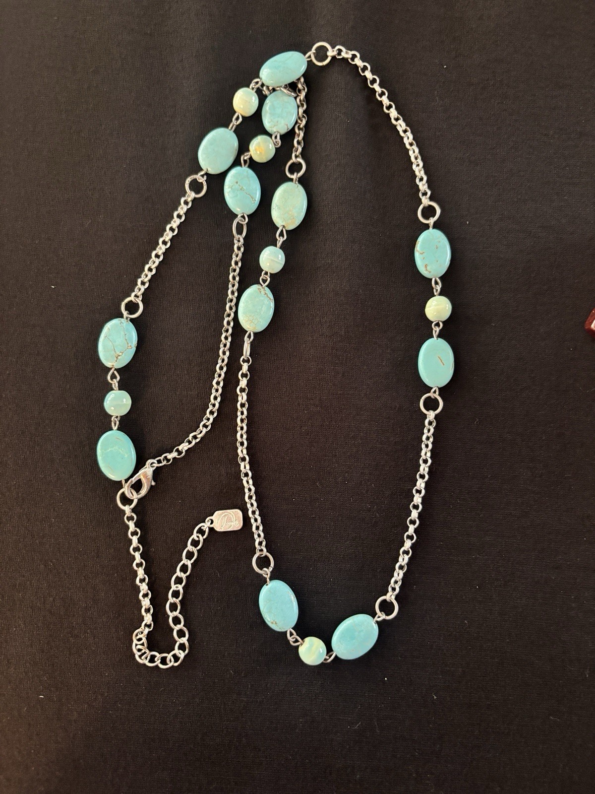 Lia Sophia Signed Silver Tone Turquoise Look Green Stone Long Station Necklace